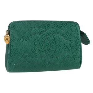 CHANEL COCO Mark Pouch Caviar Skin Green Gold CC Auth 154903